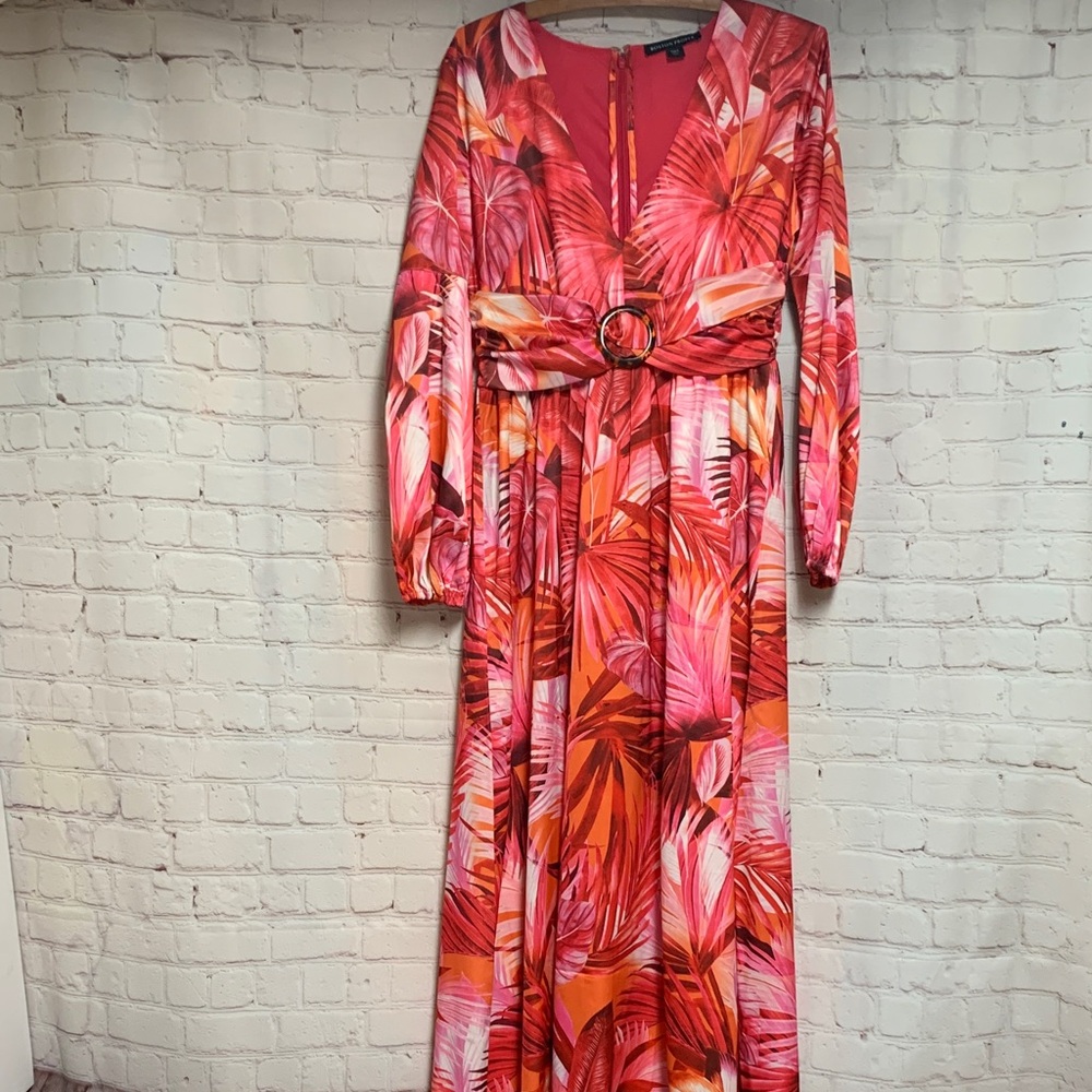 Boston Proper Retro Pink and Red Palm Leaf Long Sleeve Maxi Dress Size 6 - Picture 1 of 6